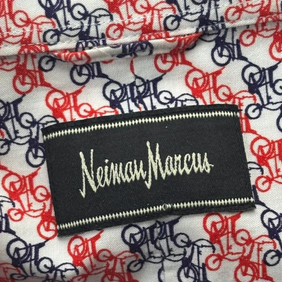 ❤️ Neiman Marcus Red Blue Bike Print Button Down Short Sleeve Shirt Men’s XXL ❤️ - Picture 13 of 16
